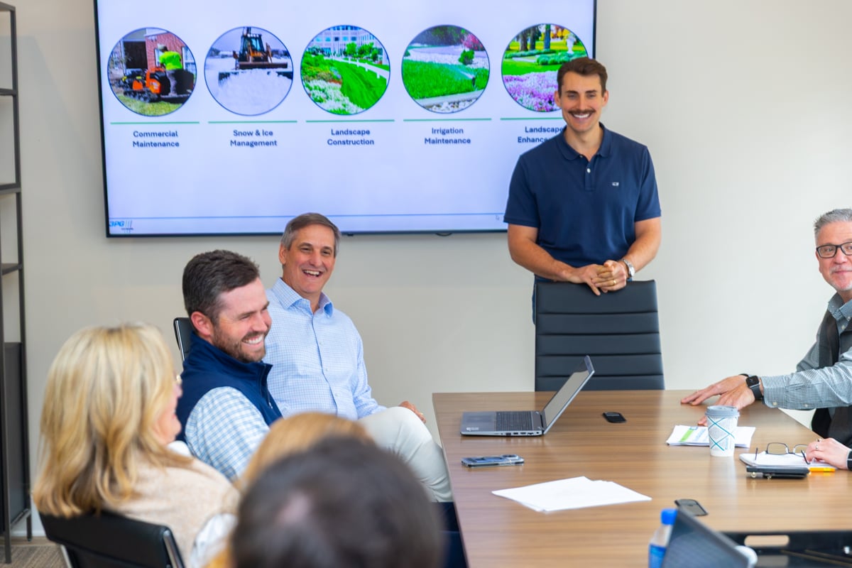 whole team meeting at 3pg conference table in 3pg office 13